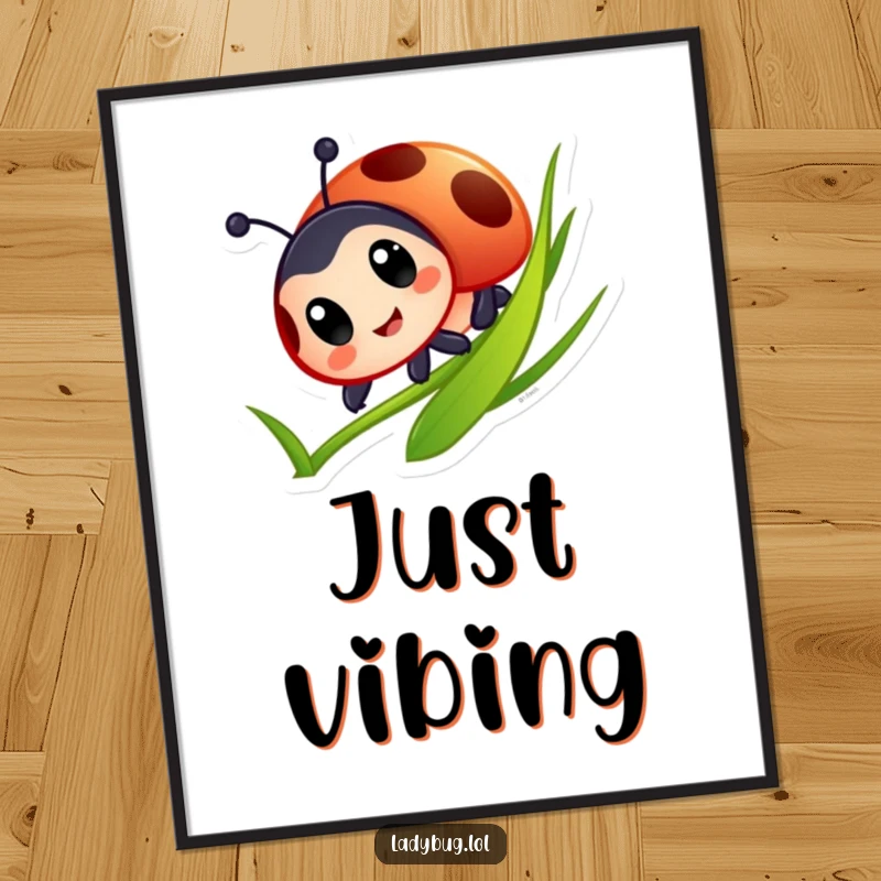Funny Ladybug Digital Art Print: Ladybug character with big eyes sliding down a grass blade, conveying pure joy and movement.