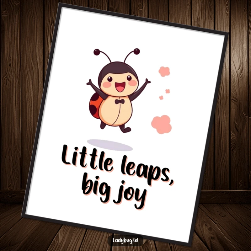 Funny jumping ladybug digital art print, depicting a bug leaping with joy, instantly downloadable and vibrant decor.