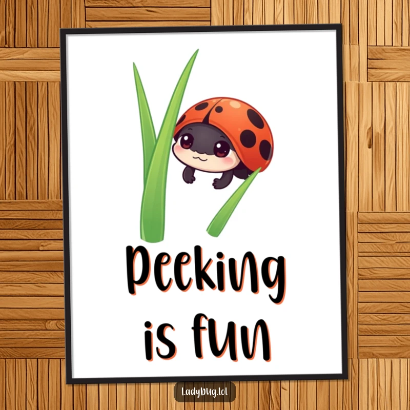 Funny ladybug digital art print of a curious ladybug character peeking from behind a blade of grass, evoking a sense of discovery.