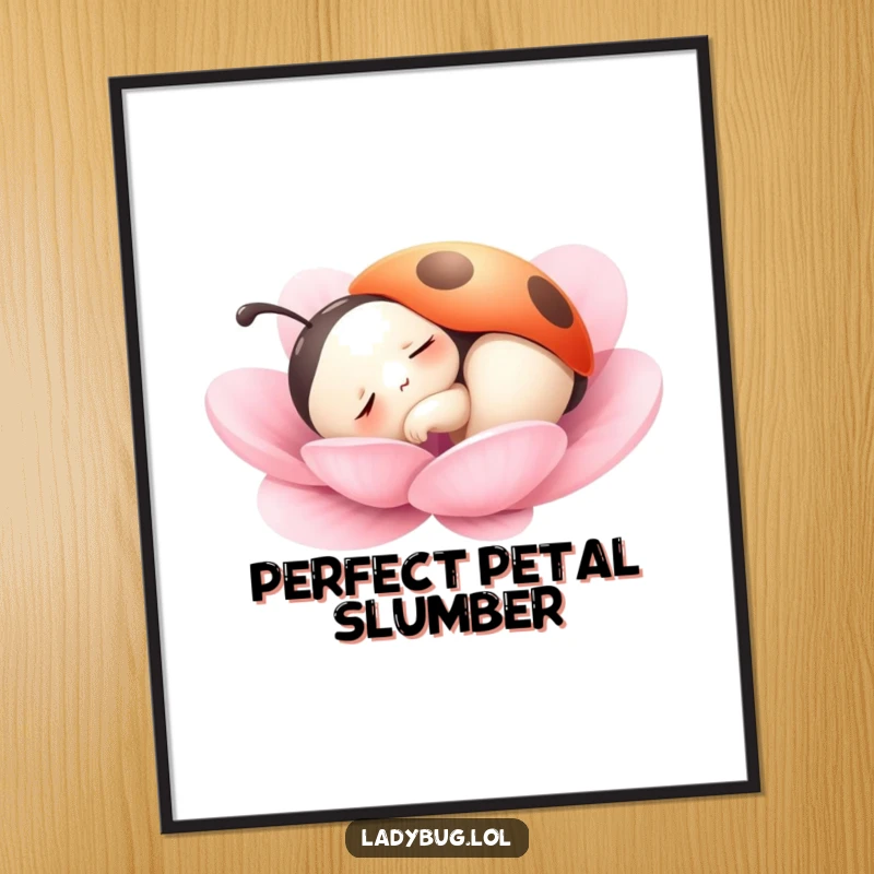 Funny digital art print of a ladybug character peacefully dozing on a soft petal, capturing a moment of serene relaxation.