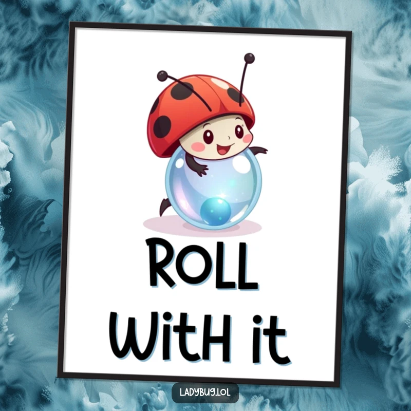 Funny ladybug digital art print of a stylized character joyfully rolling a small, sparkling marble, full of fun.