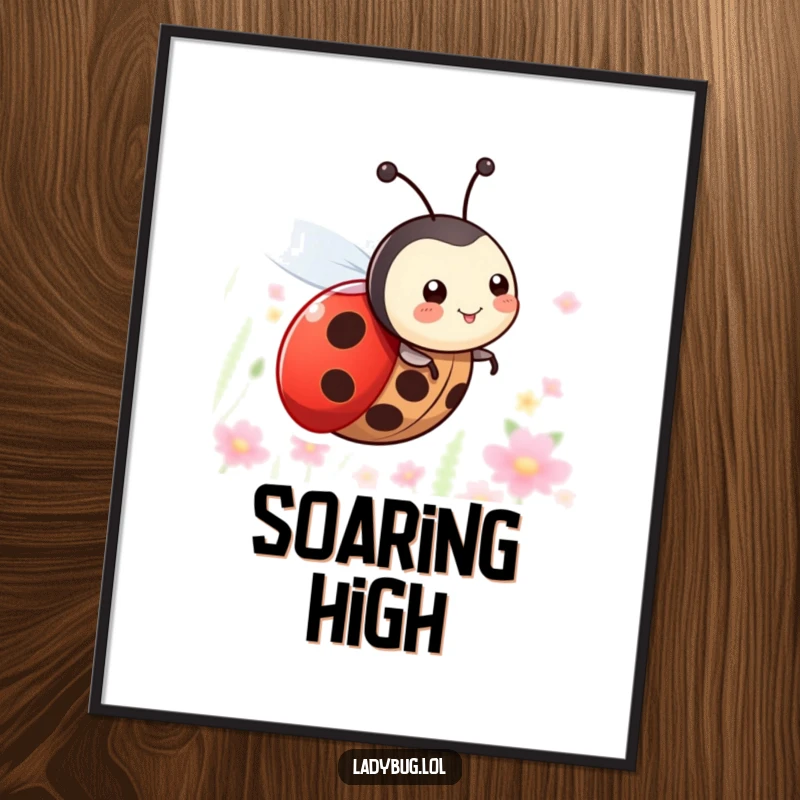 Funny digital art print of a happy ladybug character with tiny wings, joyfully zooming through the air, bringing whimsical charm.