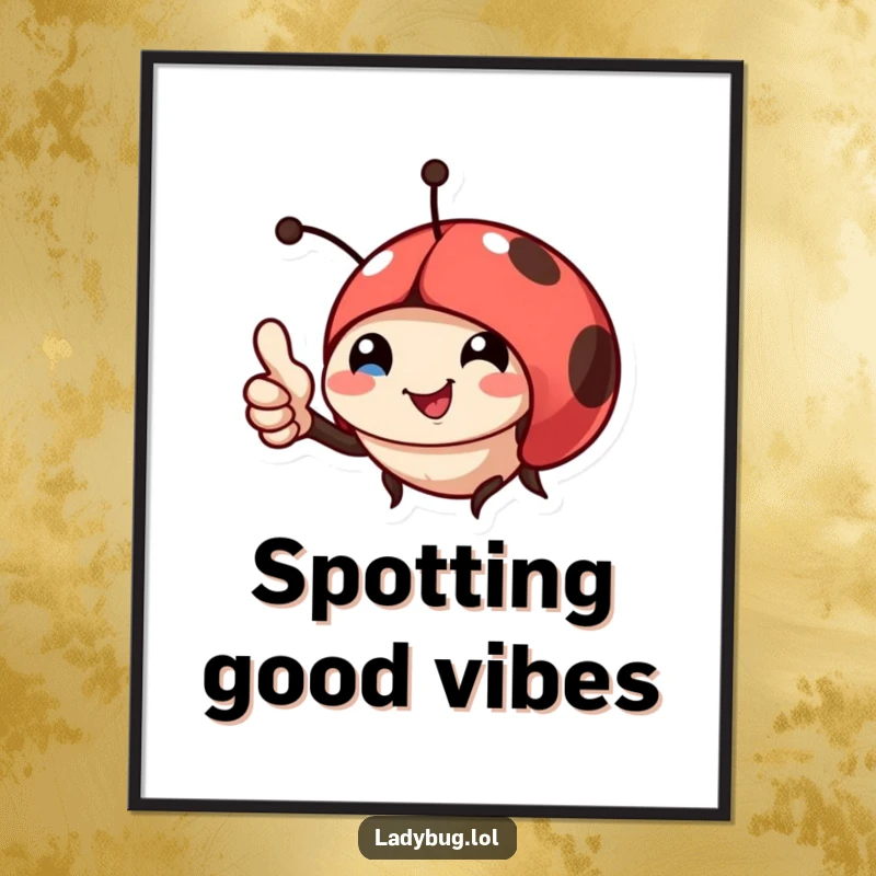 Funny digital art print of a smiling ladybug giving a thumbs up, perfect for instant home or office decor.