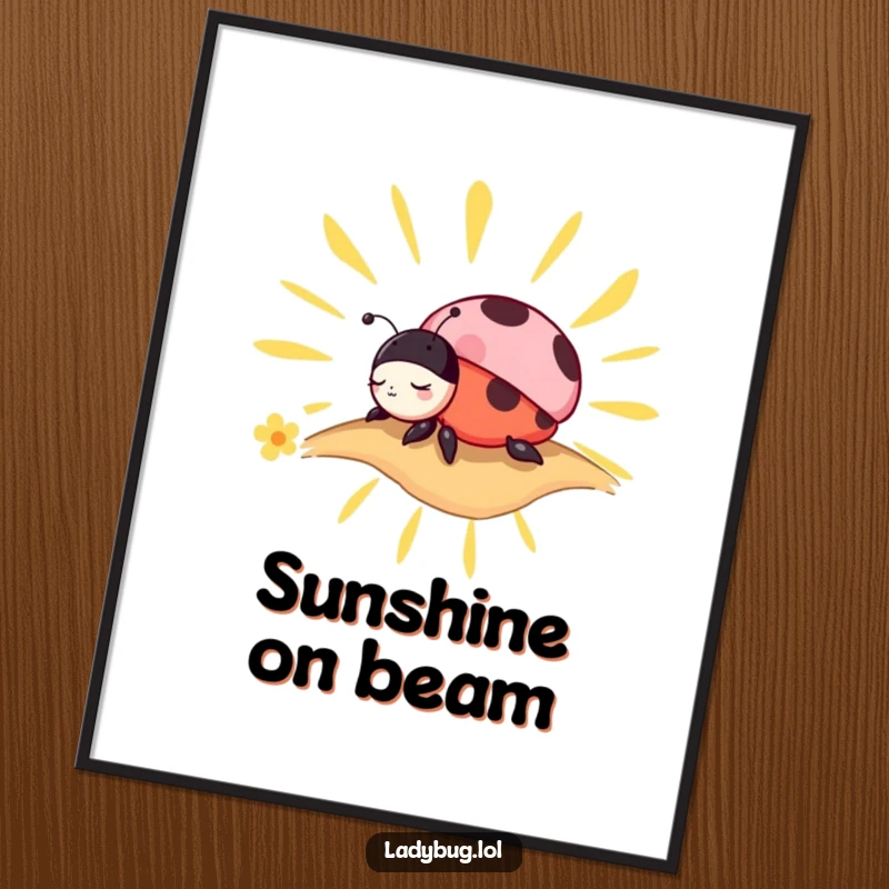 Funny Digital Art Print: Charming ladybug character peacefully napping on a stylized sunbeam, creating a tranquil scene.