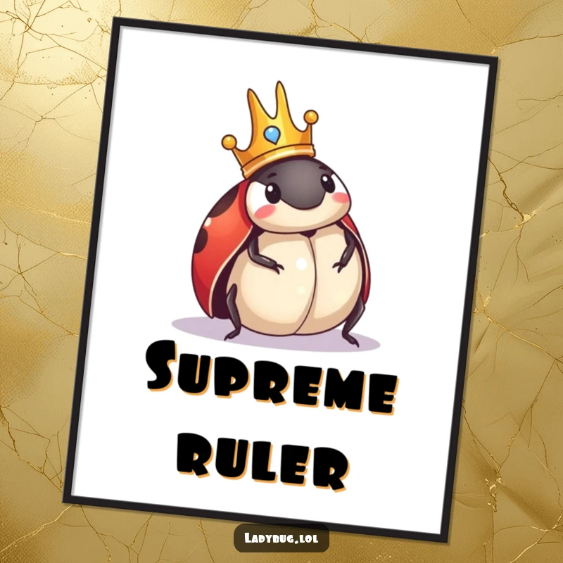 Funny Ladybug Digital Art Print: Crowned ladybug comically surveying its domain, regal yet humorous wall art.