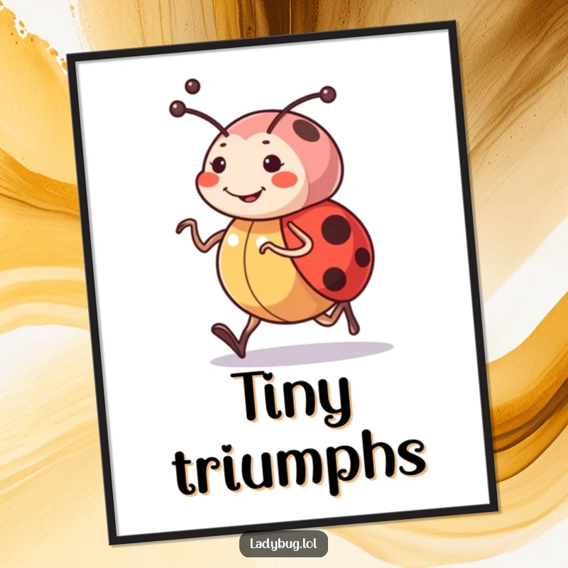 Funny digital art print of a happy ladybug character with determined antennae, jogging cheerfully, ready to brighten any space.