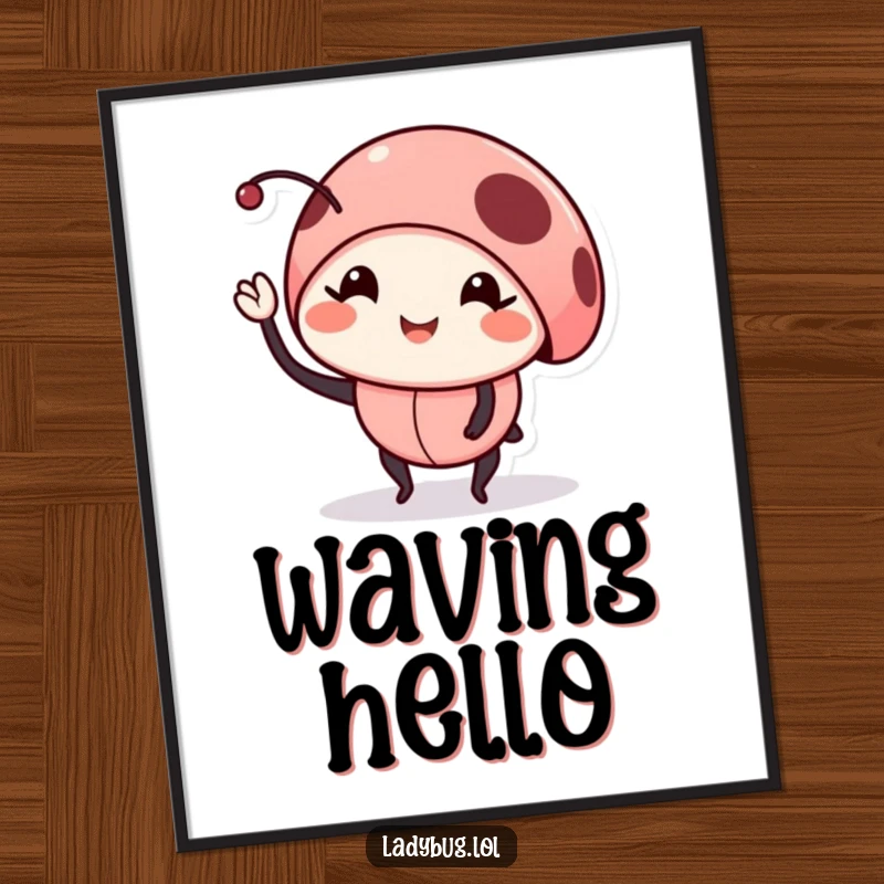 Funny smiling ladybug digital art print, depicting a bug waving a leg, instantly downloadable and cheerful decor.