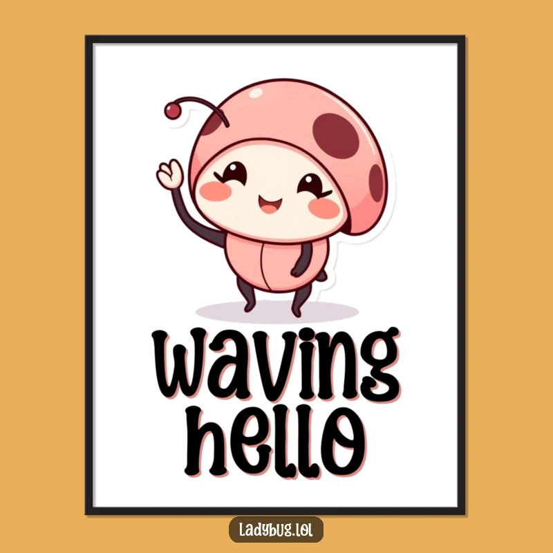 Funny Smiling Ladybug Digital Art: Printable Waving Bug Print Gift