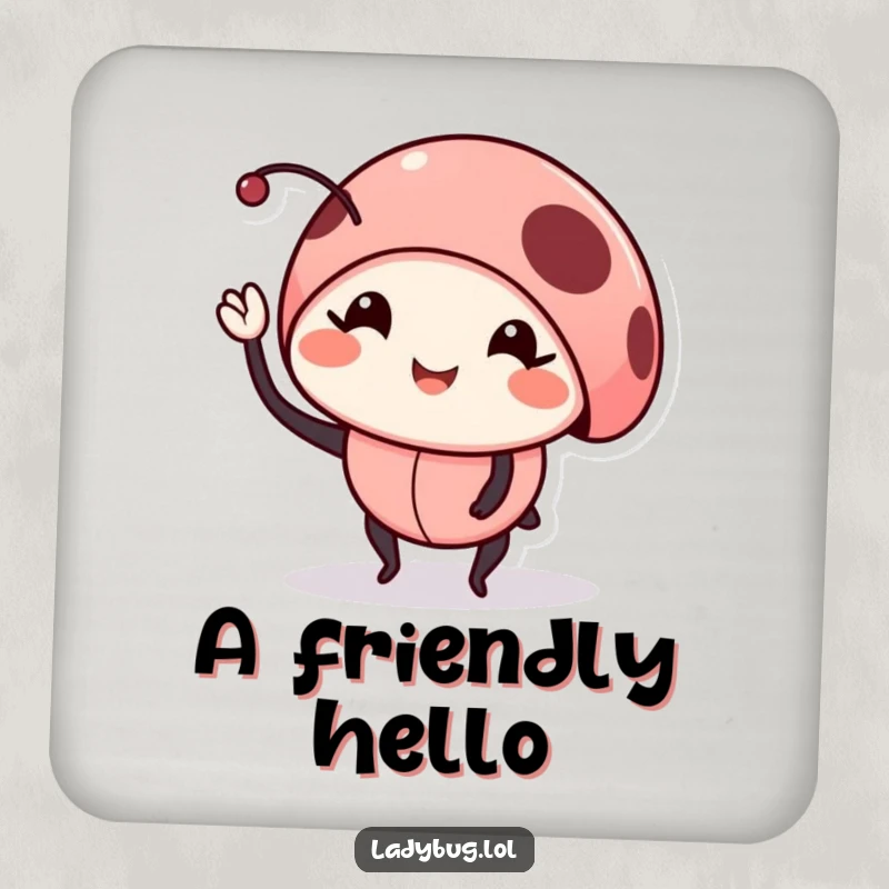 Funny smiling ladybug drink coaster, showing a bug waving a leg, a small but charming and functional item.