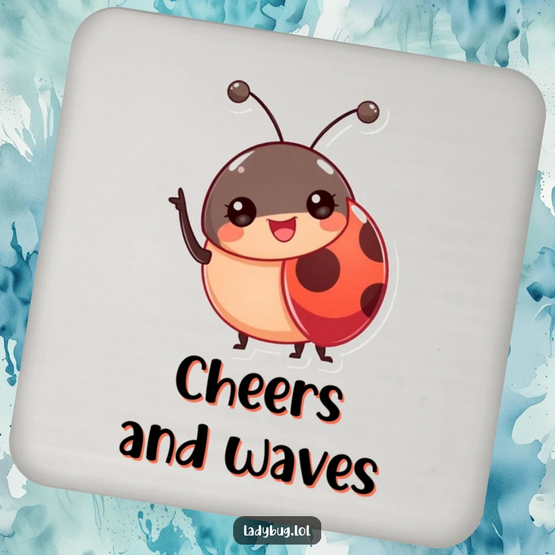 Funny Ladybug Antennae Coaster depicting a cheerful ladybug waving, offering friendly and humorous surface protection.