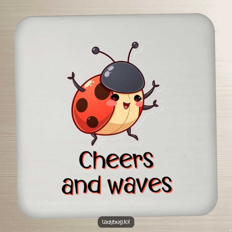 Funny ladybug drink coasters depicting a gleeful insect character excitedly waving its tiny antennae, adding whimsical flair.