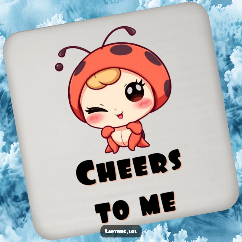 Funny winking ladybug character playfully posing for a portrait, on a set of humorous and charming drink coasters.