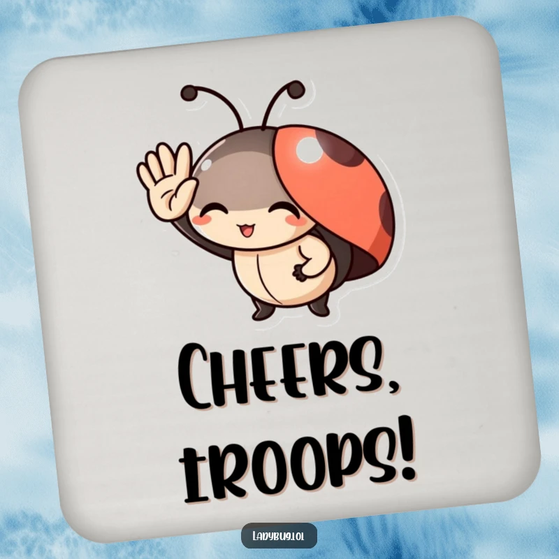Funny Drink Coaster: A delighted ladybug character offering a tiny salute, protecting surfaces with charm and humor.