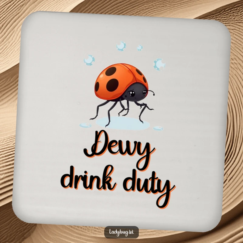 Funny Ladybug Dewdrop Drink Coaster: A giggling ladybug comically juggles dewdrops, protecting surfaces with charm. Cute and humorous.