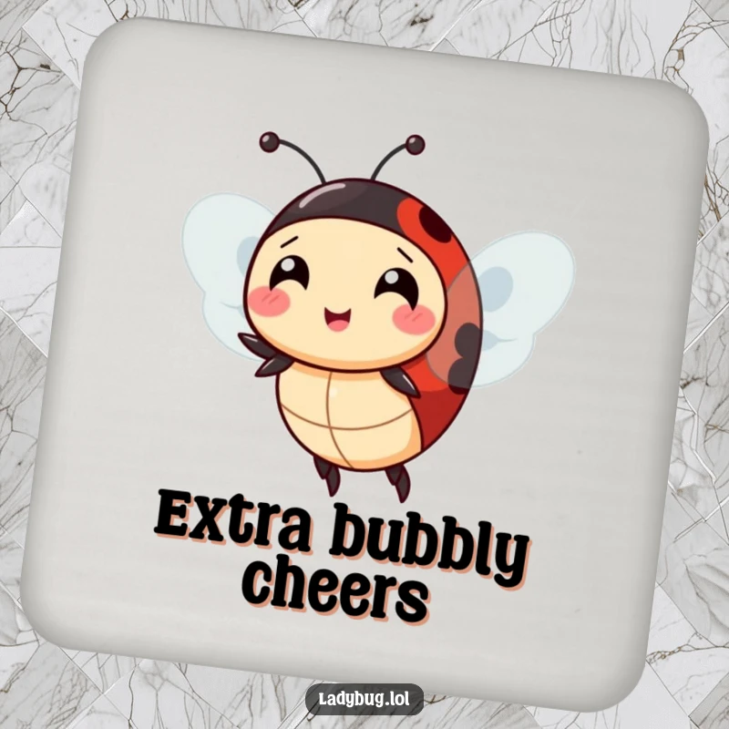 Funny ladybug extra wings drink coaster, the character comically attempting to fly with extra wings, a humorous and functional piece.