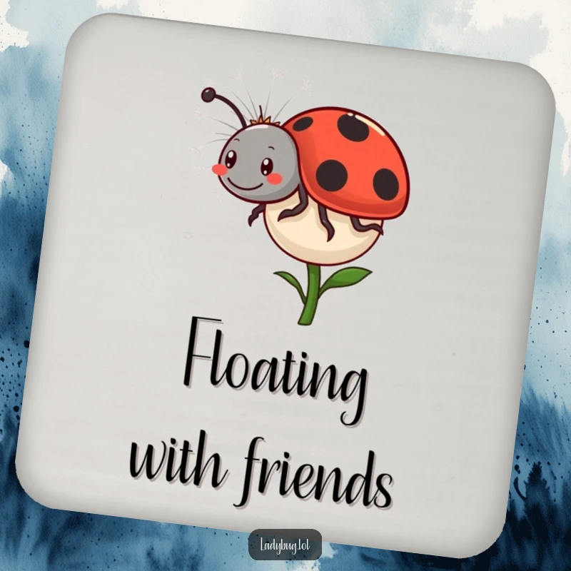 Funny Ladybug Dandelion Drink Coaster: A happy ladybug comically rides a dandelion seed, protecting surfaces with charm. Cute and humorous.