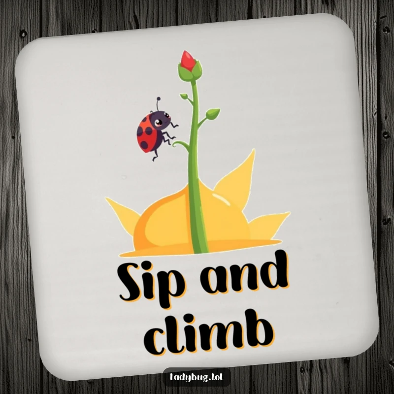 Funny determined ladybug coaster featuring a ladybug character climbing an abstract plant stem, offering stylish protection.