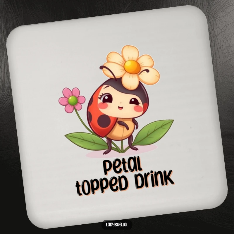 Funny ladybug drink coaster with a ladybug comically trying to wear a flower as a hat, offering humorous surface protection.