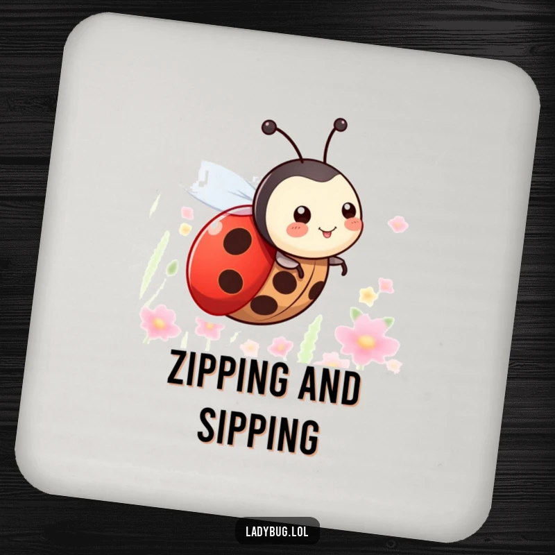 Funny drink coasters depicting a happy ladybug with tiny wings, joyfully zooming through the air with a lighthearted spirit.