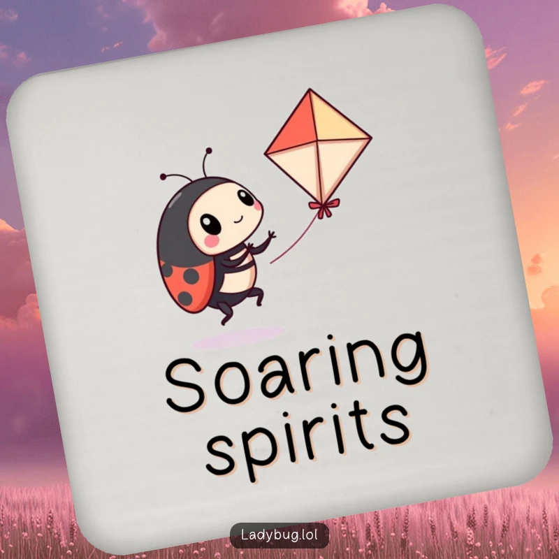 Funny ladybug drink coaster with a playful ladybug comically attempting to fly a miniature kite, offering humorous surface protection.