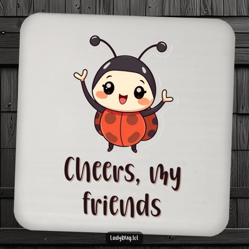 Funny ladybug coaster featuring a happy bug enthusiastically waving its antennae. Protects surfaces with humor.