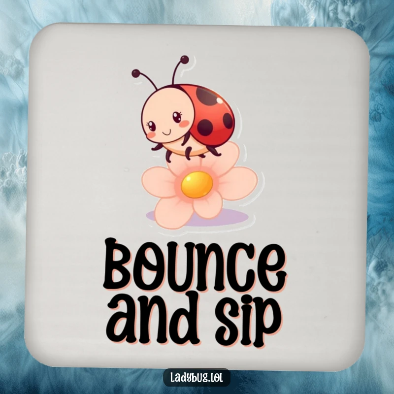 Funny ladybug coasters showcasing a playful ladybug character bouncing joyfully on a flower petal, adding charm to surfaces.