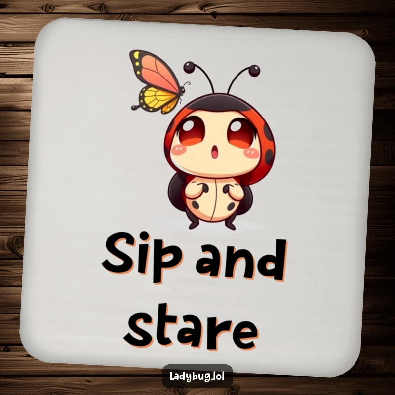 Funny ladybug coaster showing a ladybug character with extremely wide, amazed eyes, captivated by a butterfly flying by.