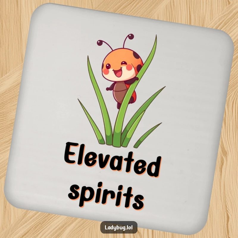 Funny drink coaster showing a joyful ladybug character happily climbing a tall blade of grass, adding a cheerful touch.