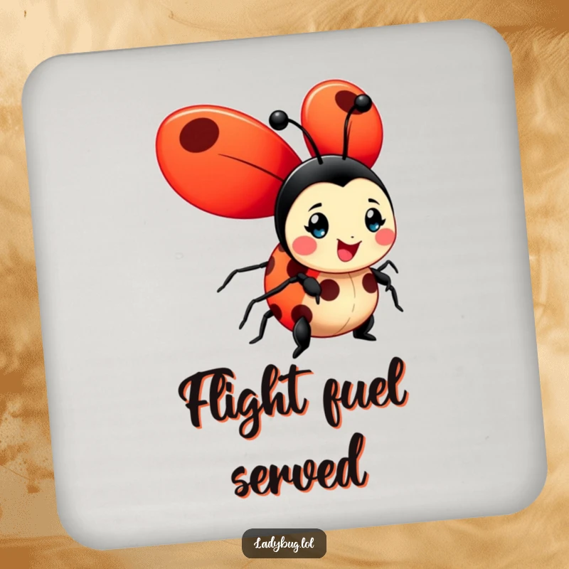 Funny ladybug coaster showcasing a cheerful character with oversized, bright red wings unfurled, protecting surfaces with humor.