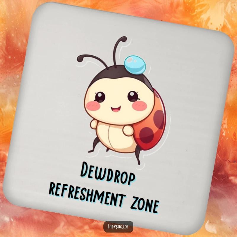 Funny ladybug coaster showcasing a happy character balancing a shiny dewdrop on its head, adding charm.