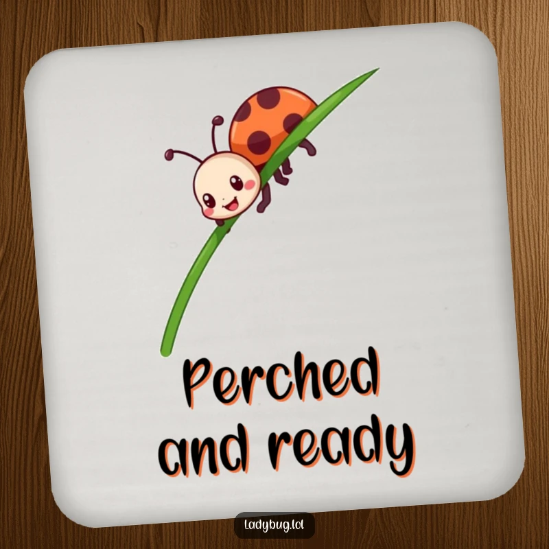 Funny ladybug drink coasters depicting a happy insect character enthusiastically crawling up a tall blade of grass, adding charm.