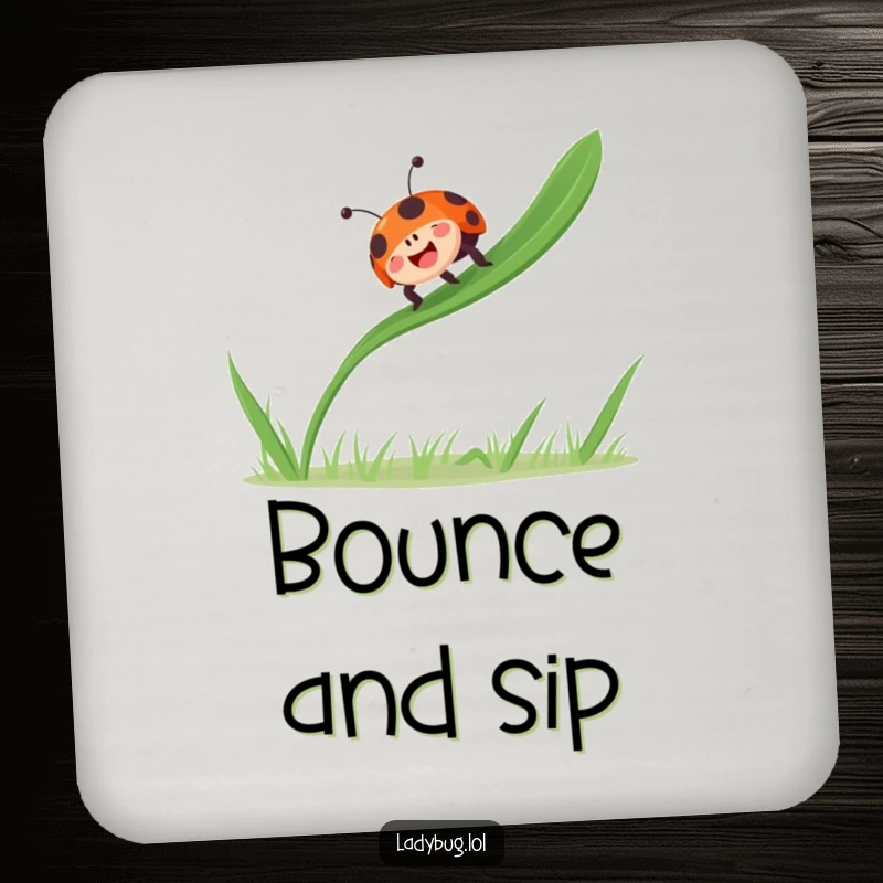 Funny ladybug bounces gleefully on a single blade of grass, radiating joy, on protective drink coasters.