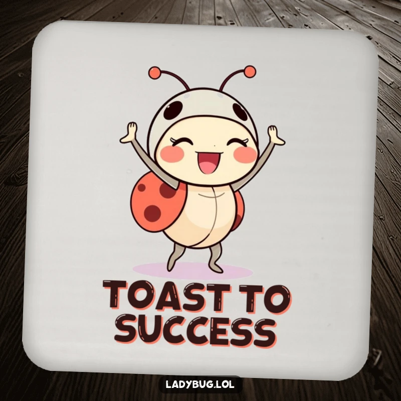 Funny ladybug drink coasters depicting a delighted insect character doing a triumphant little dance, adding festive flair.