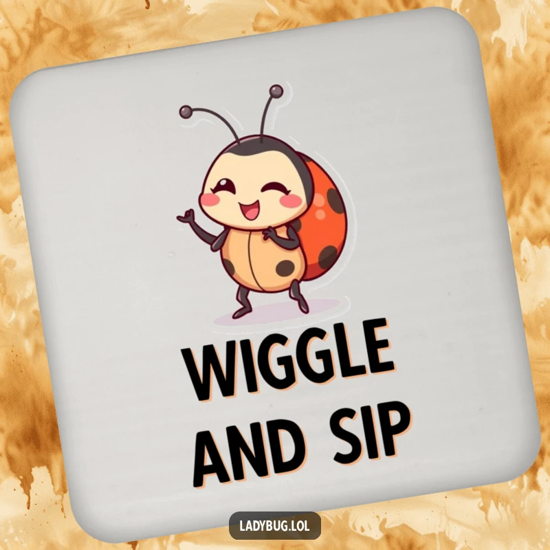 Funny ladybug coaster showcasing a cute ladybug character in a silly, wiggling dance pose, designed to protect surfaces with humor.