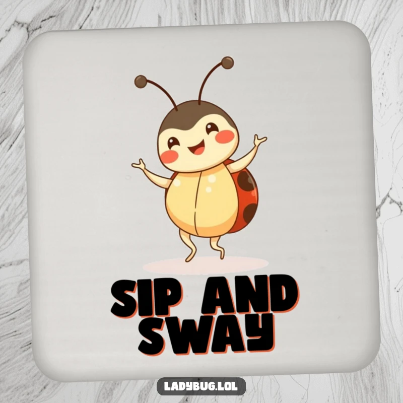 Funny ladybug coaster, happy insect character doing a little dance, protective tabletop accessory, humorous barware.