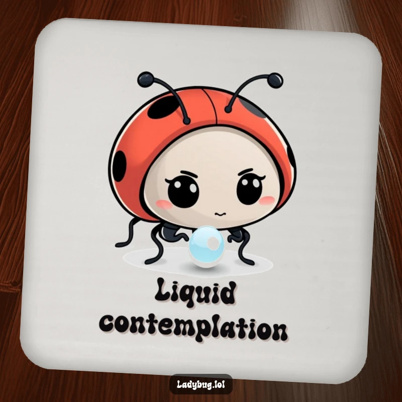Funny drink coaster showing a determined ladybug character intently examining a dewdrop, adding a touch of class.
