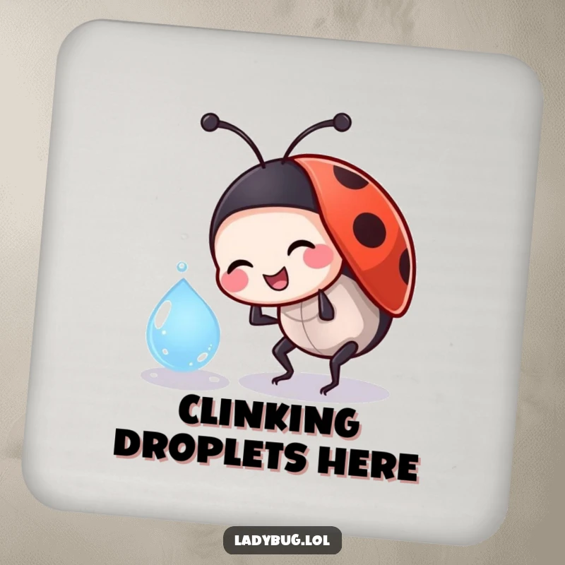 Funny ladybug drink coasters depicting a jovial insect character playfully bumping into a dewdrop, adding whimsical flair.