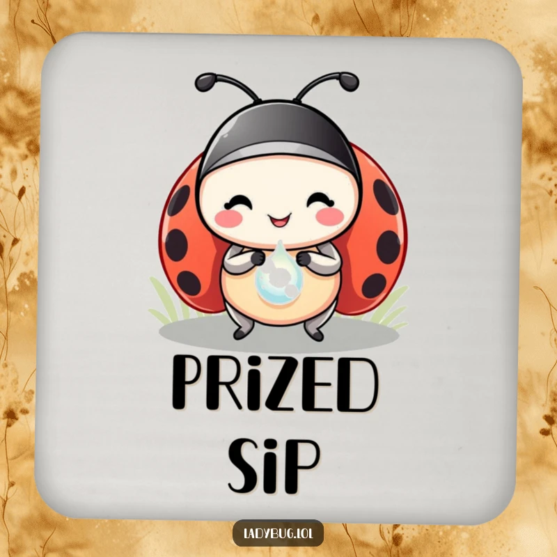 Funny ladybug drink coaster featuring a happy ladybug protagonist holding a sparkling dewdrop as a prize, protecting surfaces.