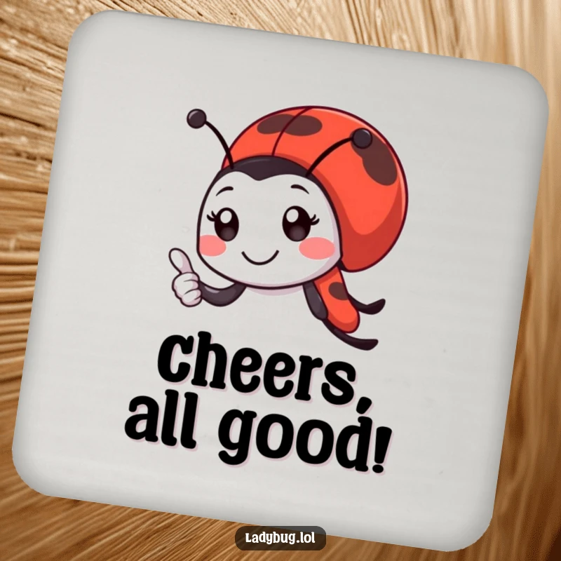 Funny ladybug drink coaster with a smiling ladybug character giving a tiny, enthusiastic thumbs-up, adding positive protection.