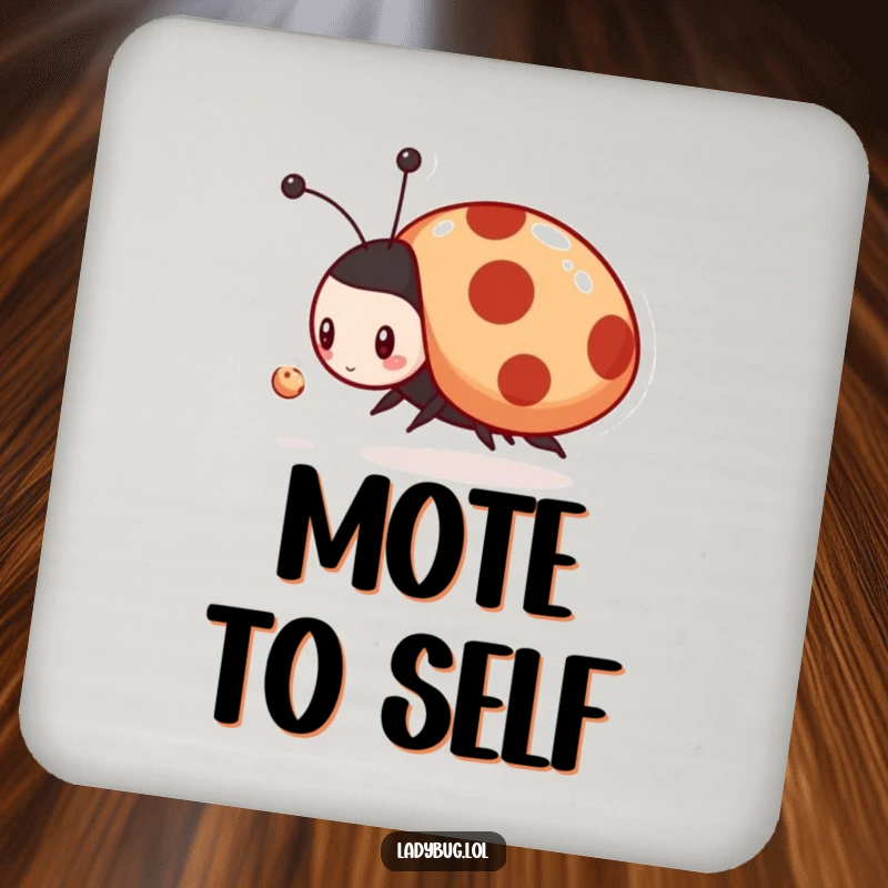 Funny drink coaster showing a playful ladybug character enthusiastically chasing a tiny dust mote, protecting surfaces with style.
