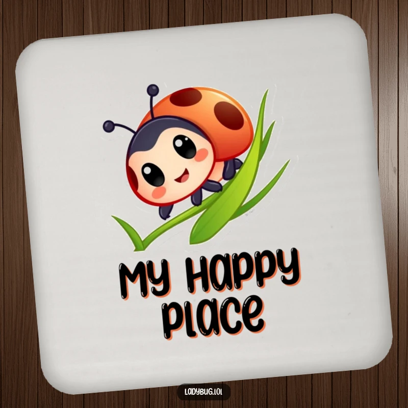 Funny Ladybug Coasters: Set of coasters showing a ladybug with big eyes joyfully sliding down a grass blade, adding whimsy.