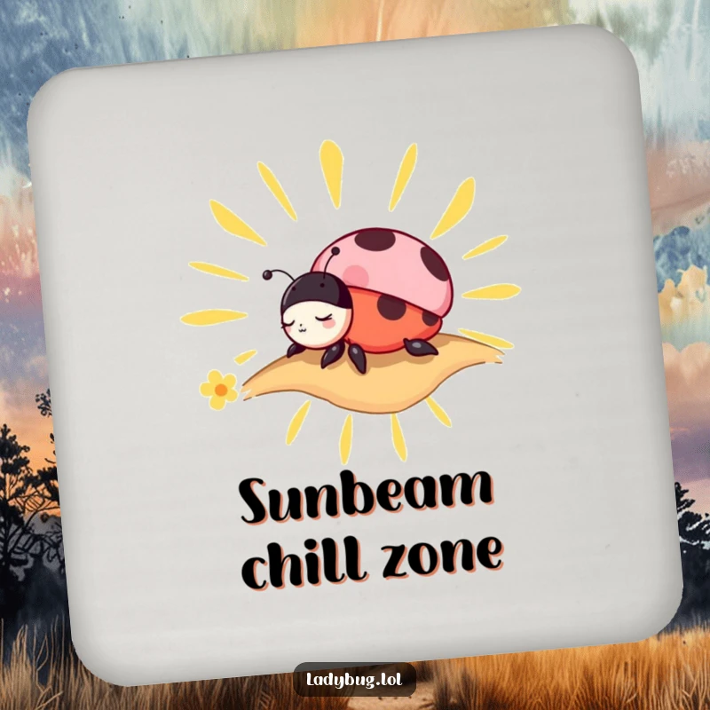 Funny Drink Coaster: A charming ladybug character napping on a stylized sunbeam, protecting surfaces with peace.