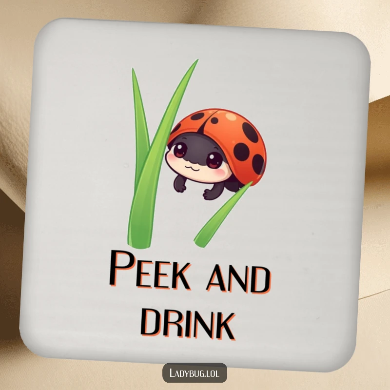 Funny ladybug coasters with a curious ladybug character peeking from behind grass, offering stylish surface protection.