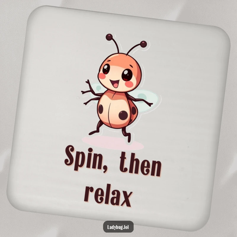 Funny Ladybug Spin Coaster depicting a happy ladybug spinning, offering cheerful and humorous surface protection.