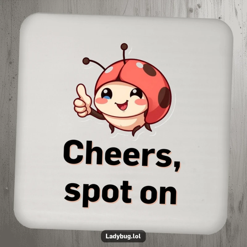 Funny drink coasters with a smiling ladybug giving a thumbs up, protecting surfaces with cute and humorous style.