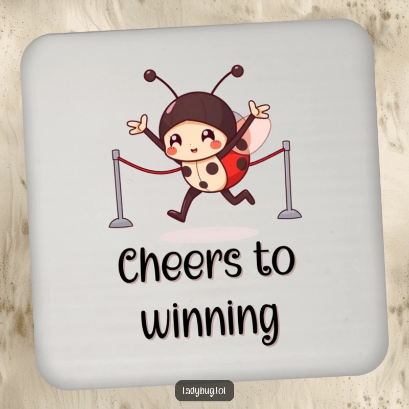 Funny Drink Coaster: A victorious ladybug character crossing an imaginary finish line, protecting surfaces with a winning attitude.