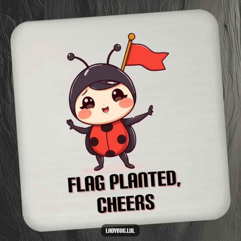 Funny ladybug drink coaster featuring a comically triumphant ladybug posing with a tiny flag, offering humorous surface protection.