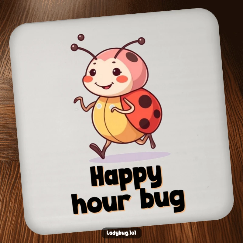 Funny drink coasters featuring a happy ladybug character jogging cheerfully, its determined antennae adding a touch of active charm.