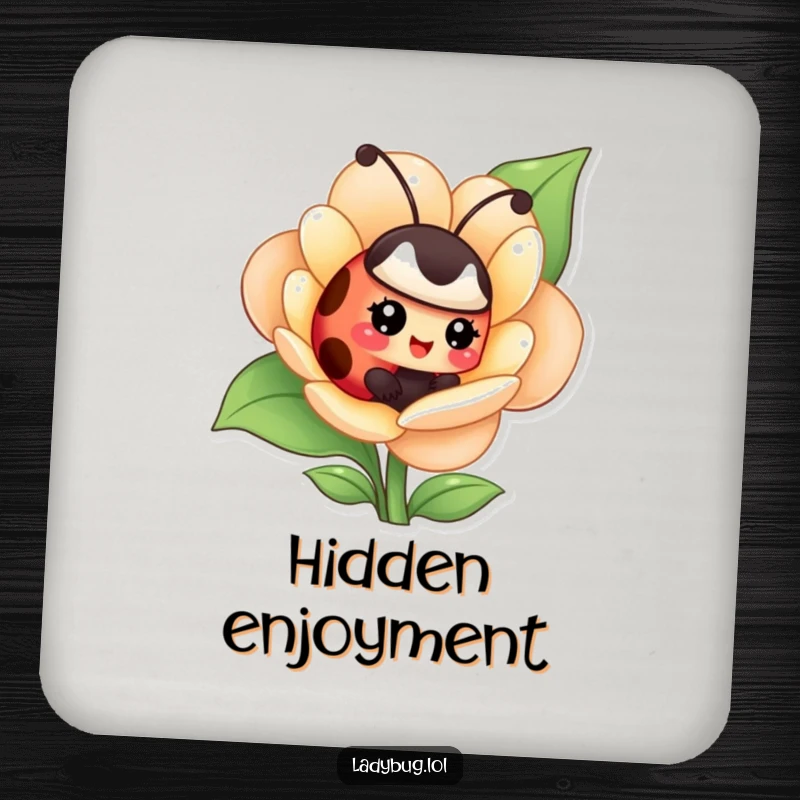 Funny drink coaster showcasing a giggling ladybug hiding inside a flower, adding playful charm to your table.