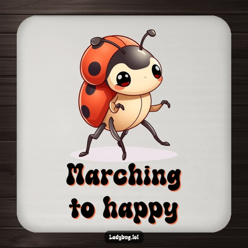 Funny ladybug coaster depicting a tiny character marching forward with determined legs, protecting surfaces with motivational flair.